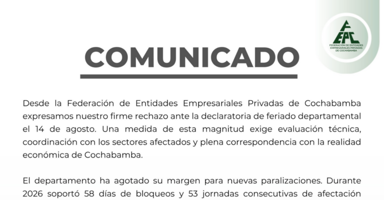 EL SECTOR EMPRESARIAL RECHAZA UN TERCER FERIADO EN AGOSTO Y EXIGE CONTINUIDAD PRODUCTIVA